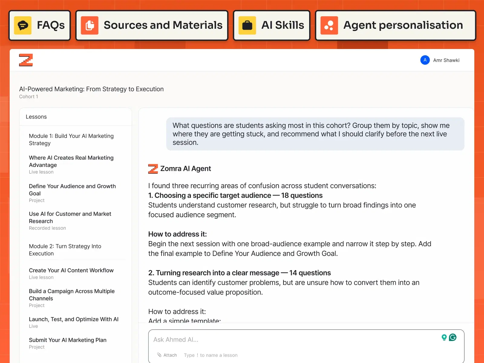 The Zomra instructor dashboard with the course AI agent open