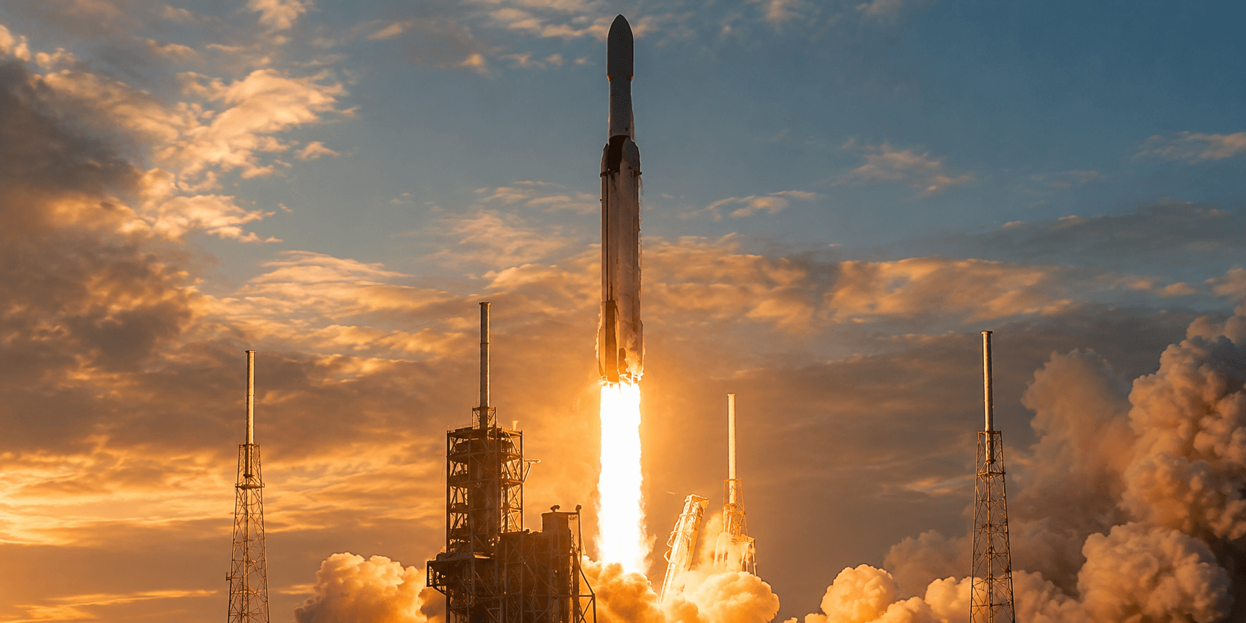 Rocket launching at sunset